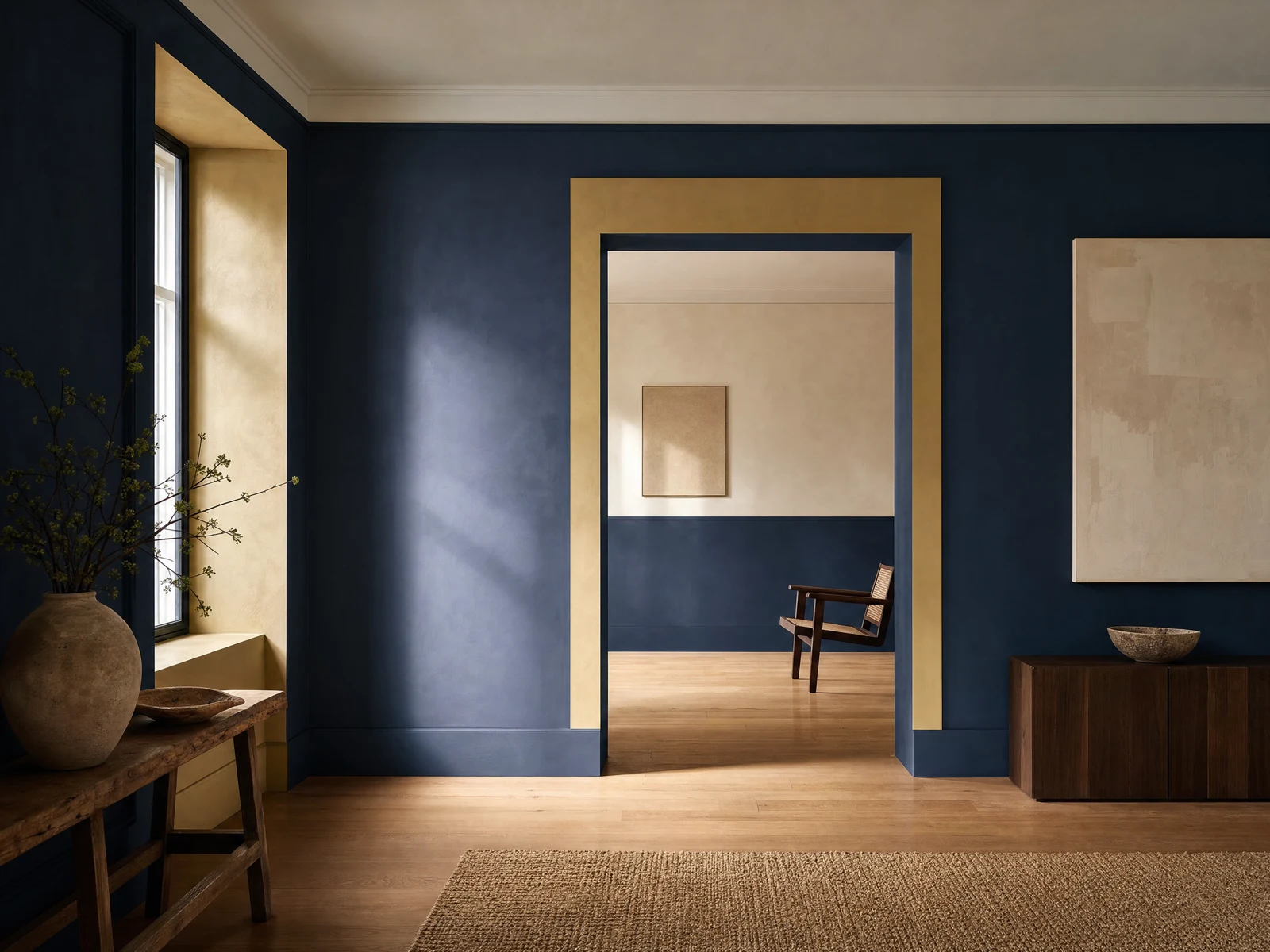 Illustrative concept: Freshly painted interior with rich controlled wall color and restrained furnishings